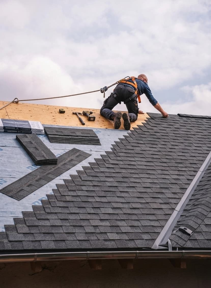 Roofer kneeling on a pitched tile roof, working on it by hand, absorbed in the job